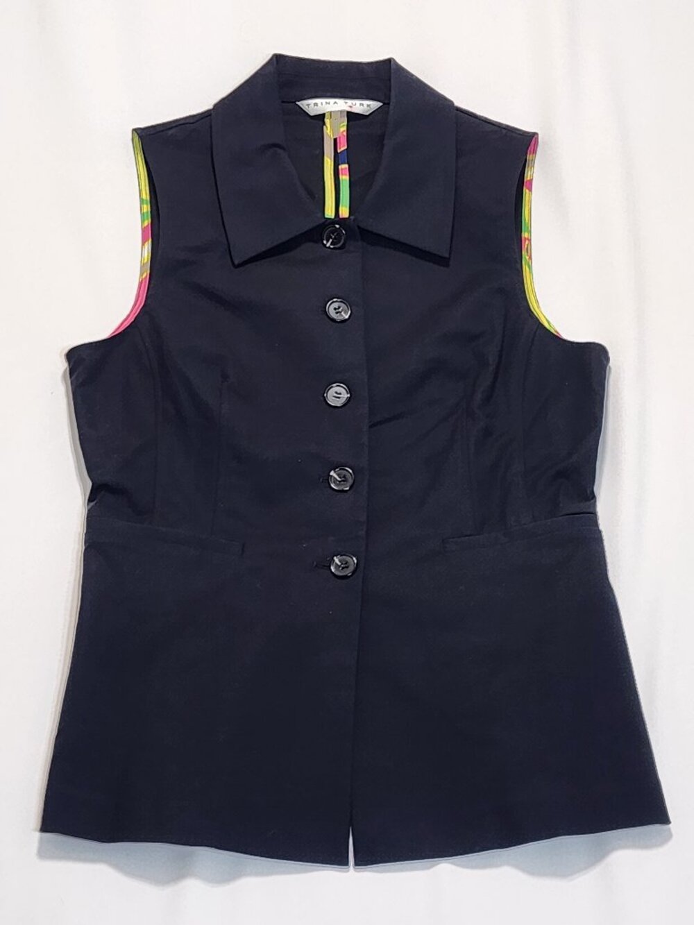 Trina Turk Black Follow Through Sleeveless Blazer Vest Tunic Top 6 NWOT